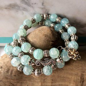 Aqua Glass Beaded Seahorse Memory Wire Bracelet